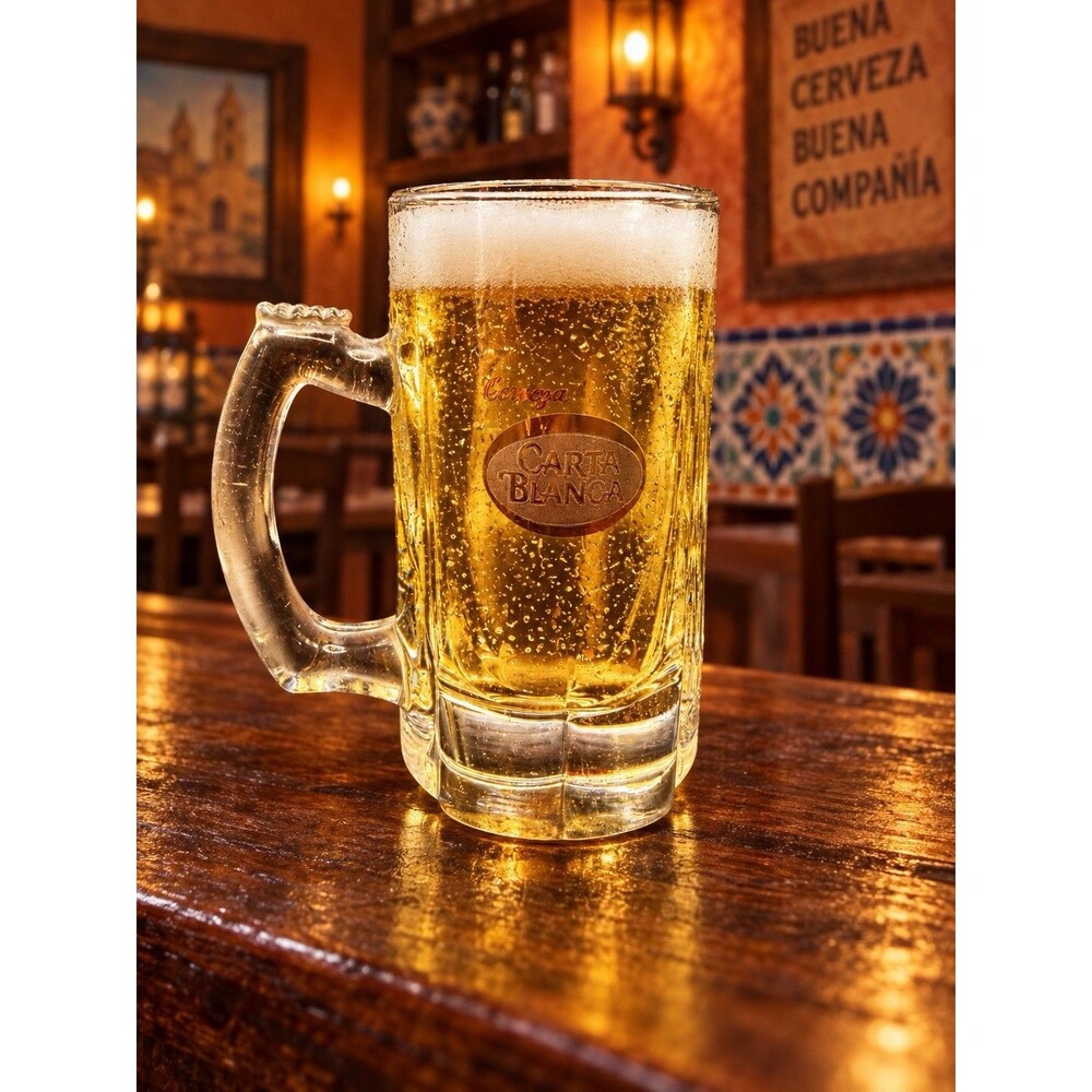 Vintage Carta Blanca Mexican Beer Mug Gold Logo Glass Stein Cerveza Barware